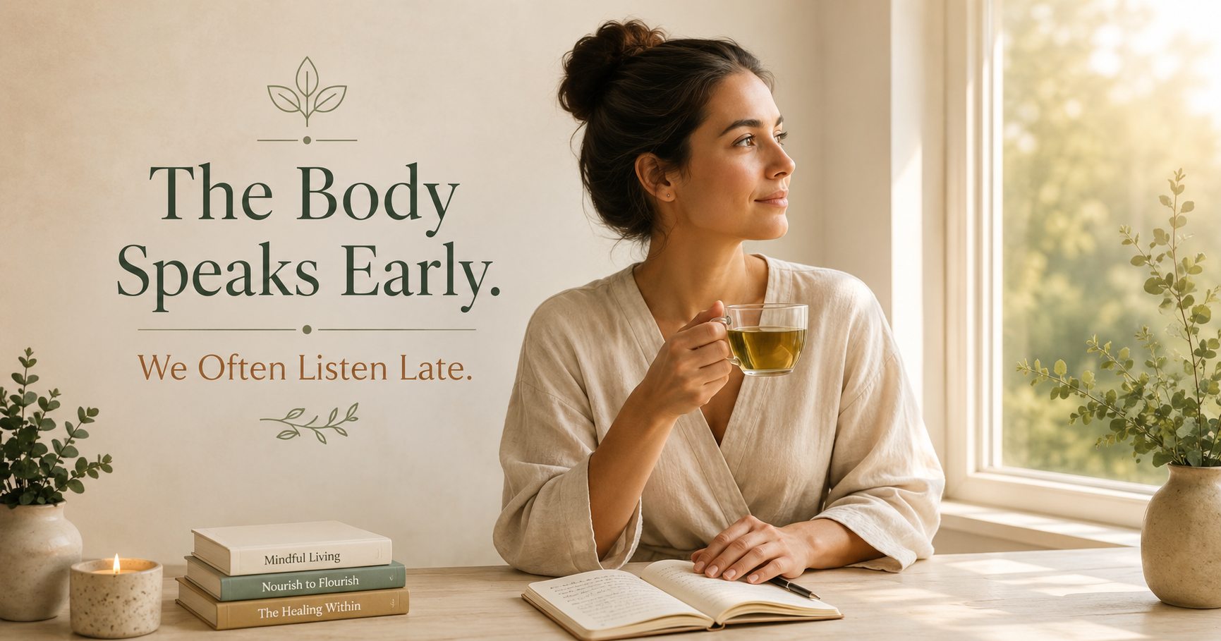 A calm person sitting near a window with tea and a notebook, reflecting on early body signals and wellness awareness.