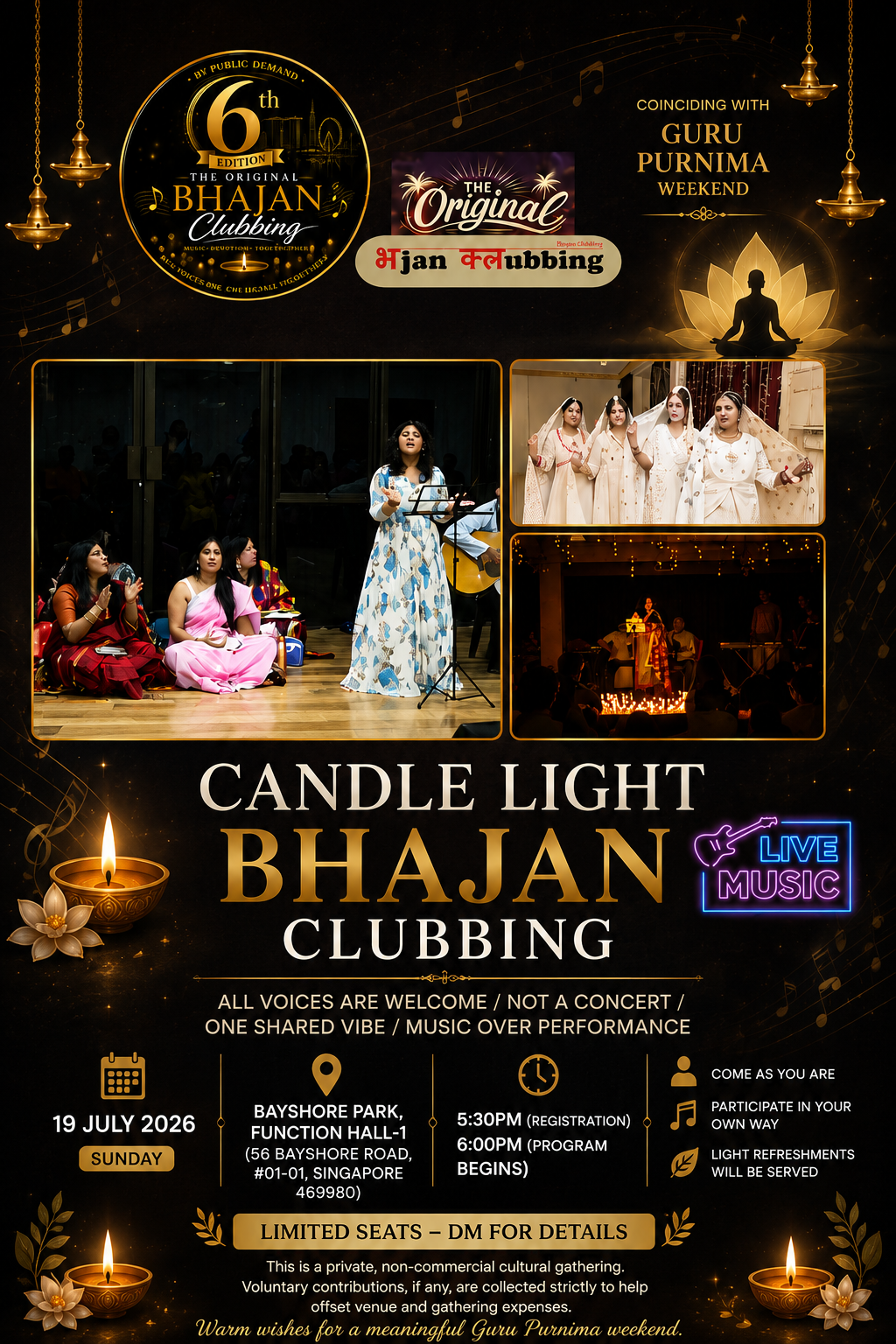 Candle Light Bhajan Clubbing poster for a Guru Purnima weekend bhajan gathering in Singapore