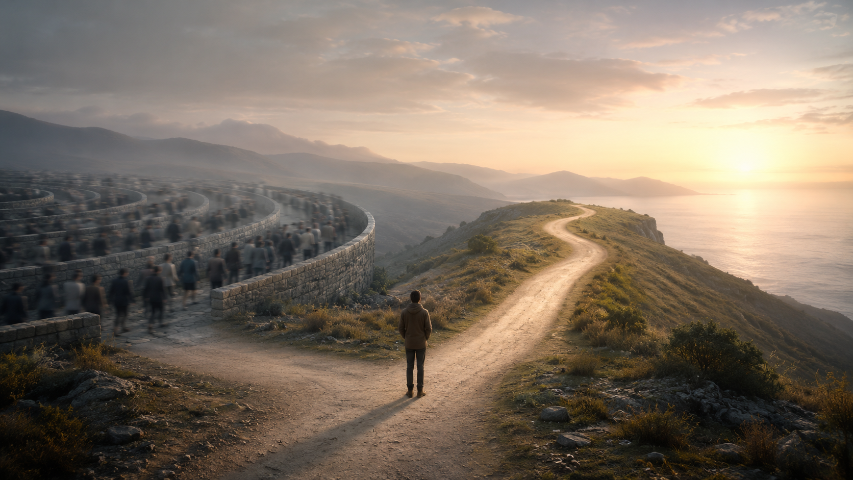 A symbolic image of a person standing before two paths, one crowded and repetitive and one quiet and open, representing the choice between the rat race and the right race.