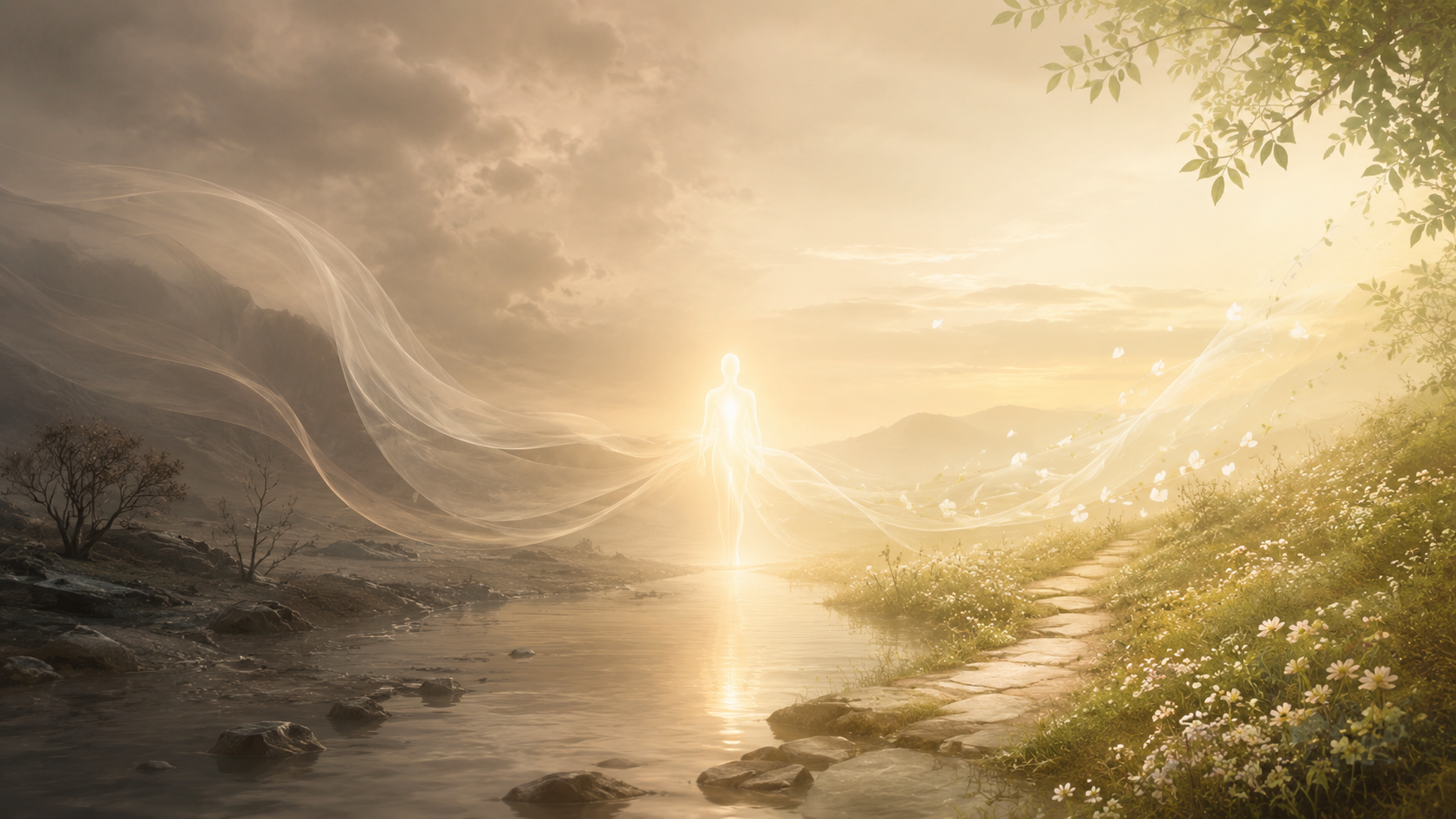 A calm symbolic image of gentle air, light, shadow, and an abstract soul-like presence, representing inner impressions and refinement.