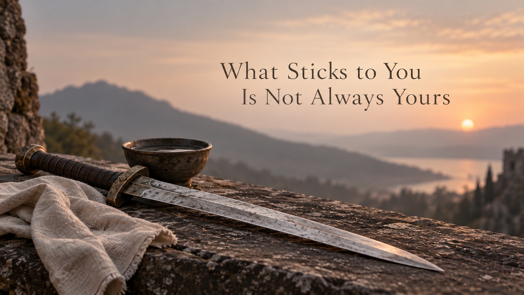 A sword beside a cleaning cloth and bowl of water at sunset, symbolising that what sticks to us does not define us.