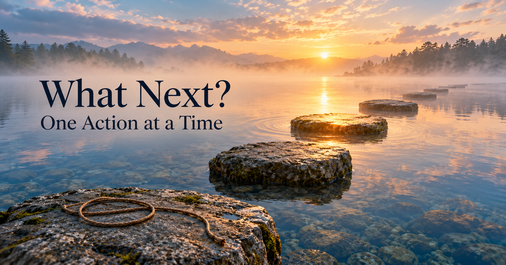 Stepping stones cross a misty lake at sunrise, with a loose cord on the foreground rock and the words “What Next? One Action at a Time.”